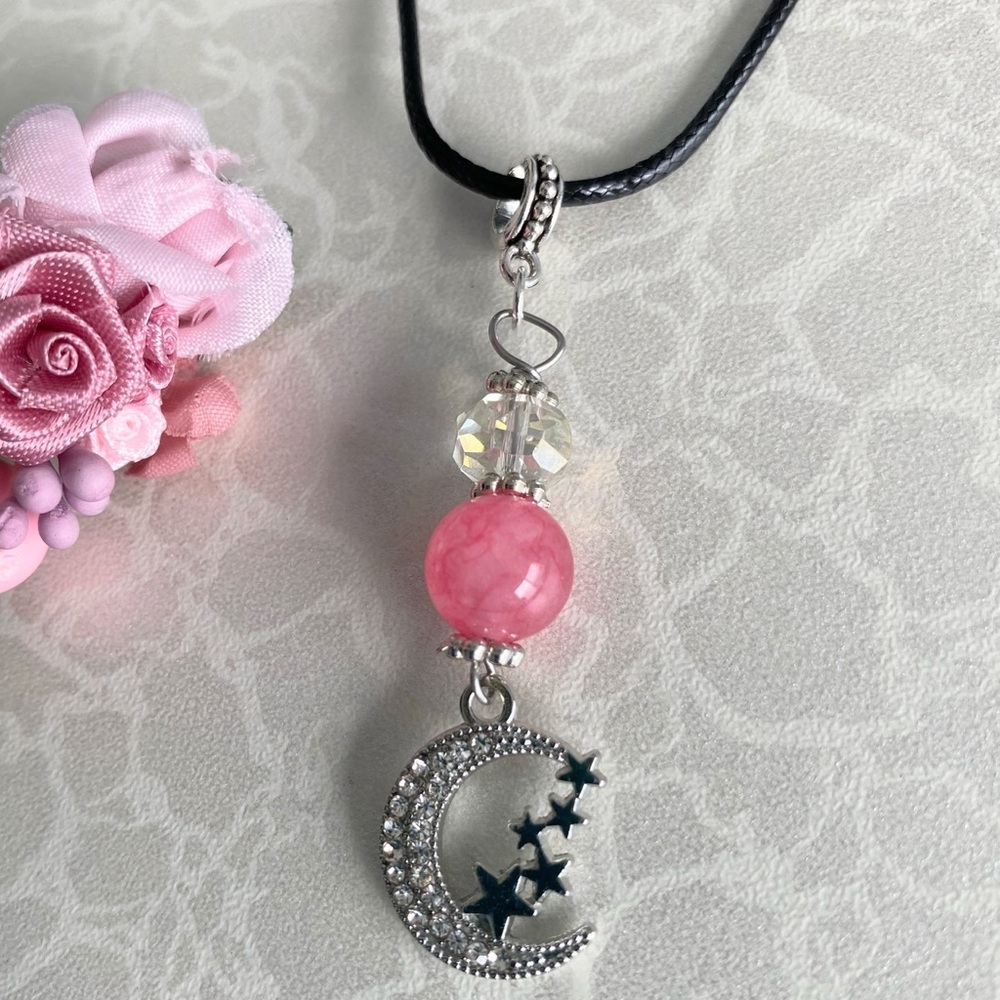 Pink jade Bead and Moon & Stars Pendant Necklace
